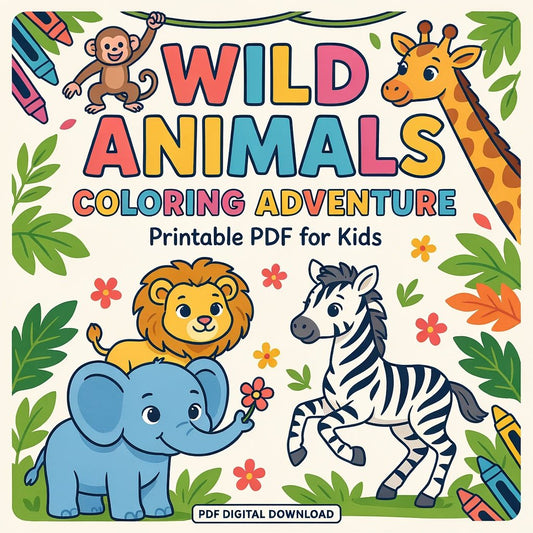 Wild Animals Coloring Adventure – Printable PDF for Kids (PDF Digital Download)