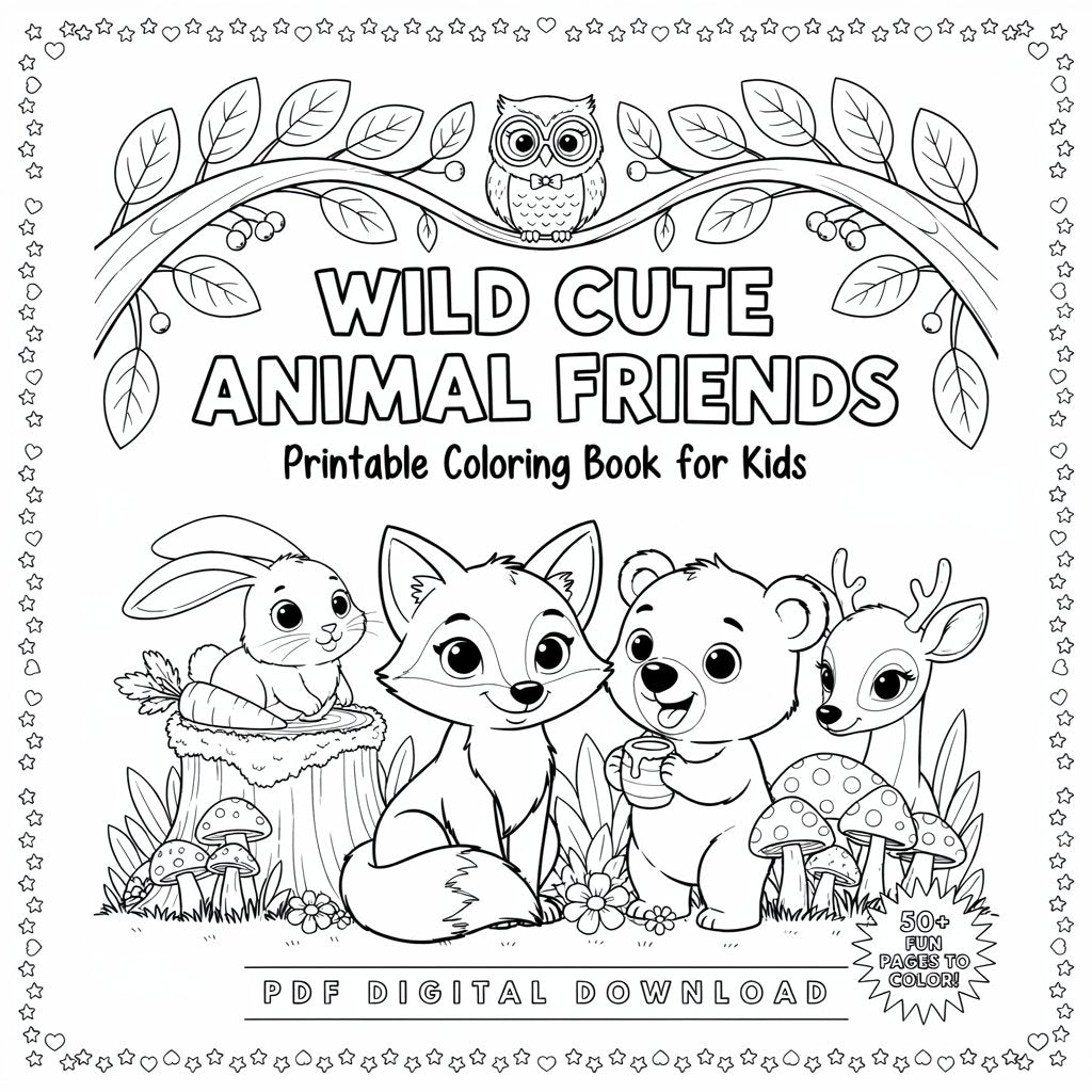 Cute Animal Friends – Printable Coloring Book for Kids (PDF Digital Download)