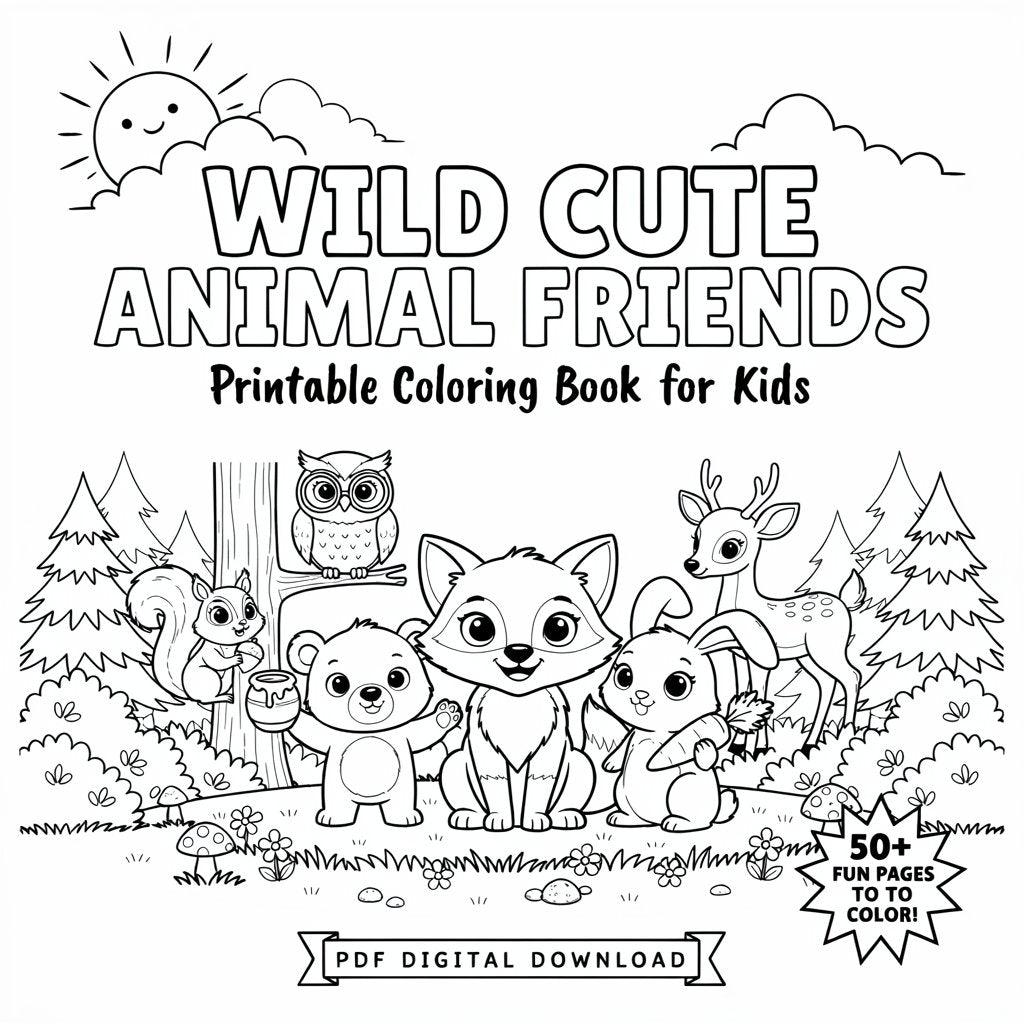 Cute Animal Friends – Printable Coloring Book for Kids (PDF Digital Download)
