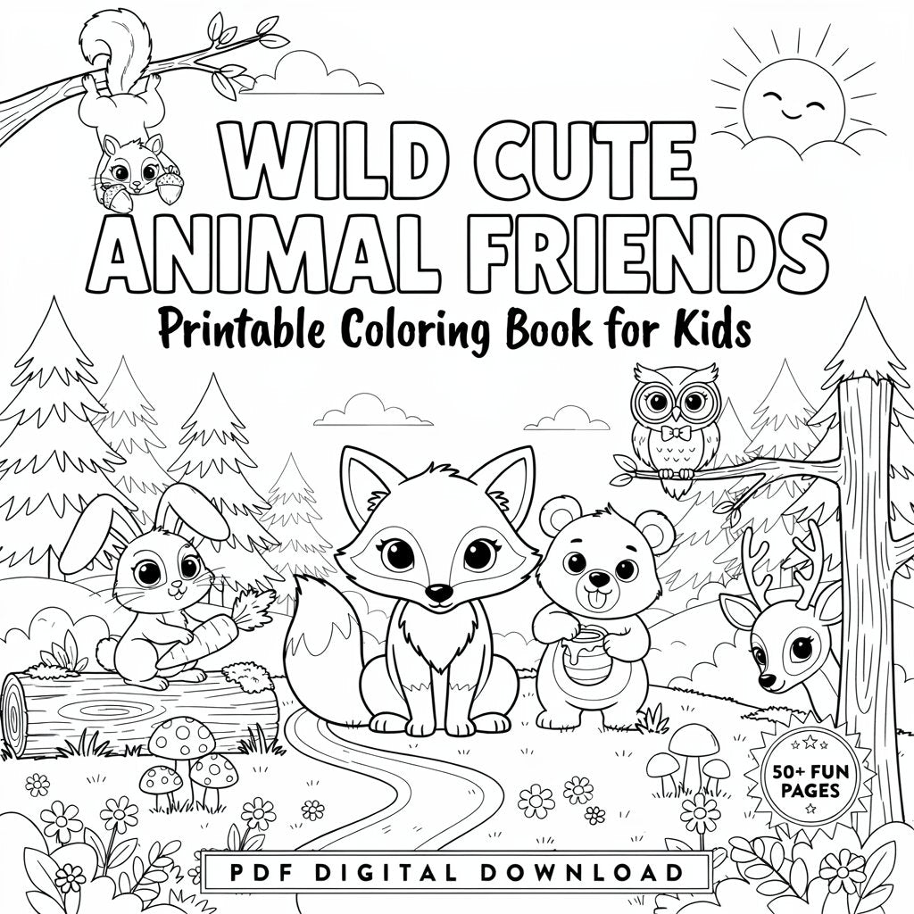 Cute Animal Friends – Printable Coloring Book for Kids (PDF Digital Download)