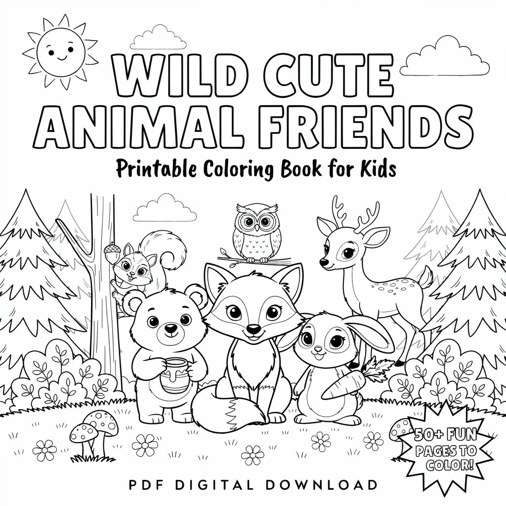 Cute Animal Friends – Printable Coloring Book for Kids (PDF Digital Download)