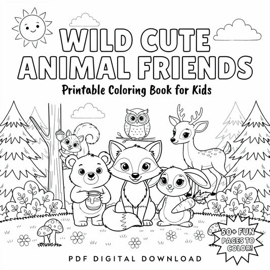 Cute Animal Friends – Printable Coloring Book for Kids (PDF Digital Download)