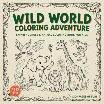 Wild World Coloring Adventure - Safari, Jungle & Animal Coloring Book for Kids (PDF Digital Download)
