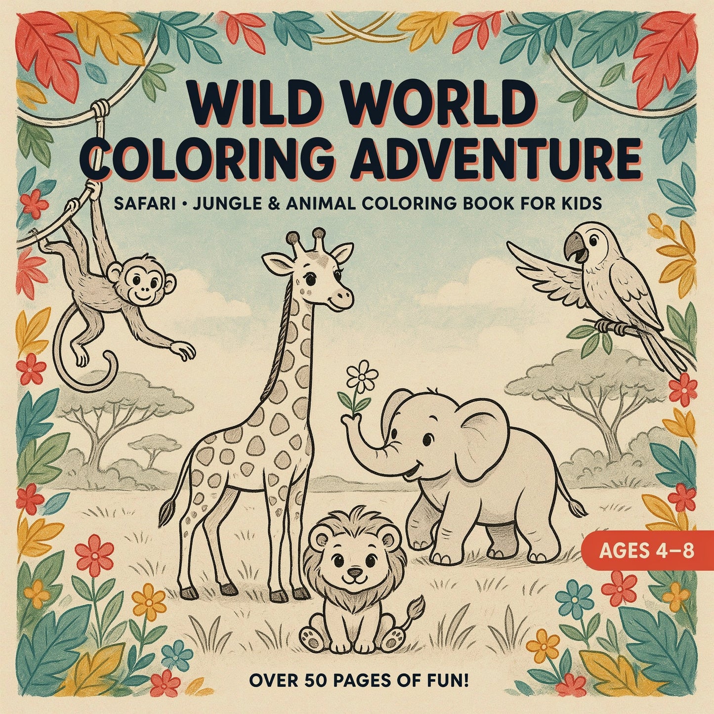 Wild World Coloring Adventure - Safari, Jungle & Animal Coloring Book for Kids (PDF Digital Download)