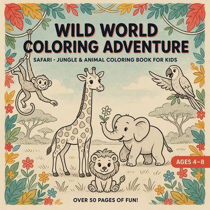 Wild World Coloring Adventure - Safari, Jungle & Animal Coloring Book for Kids (PDF Digital Download)