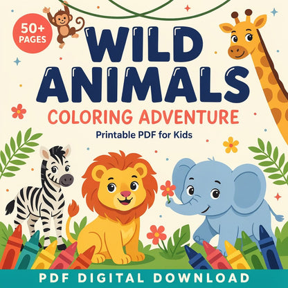 Wild Animals Coloring Adventure – Printable PDF for Kids (PDF Digital Download)