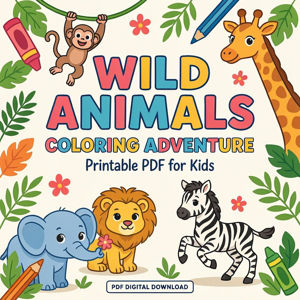 Wild Animals Coloring Adventure – Printable PDF for Kids (PDF Digital Download)