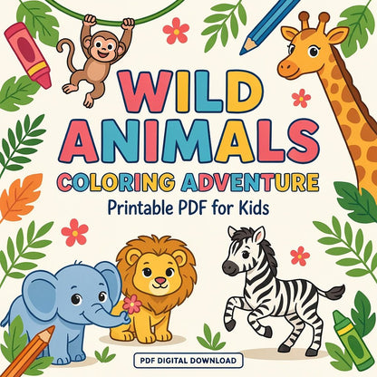 Wild Animals Coloring Adventure – Printable PDF for Kids (PDF Digital Download)