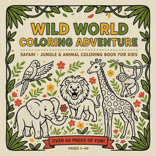 Wild World Coloring Adventure - Safari, Jungle & Animal Coloring Book for Kids (PDF Digital Download)