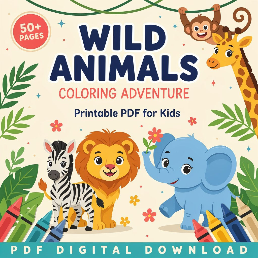 Wild Animals Coloring Adventure – Printable PDF for Kids (PDF Digital Download)