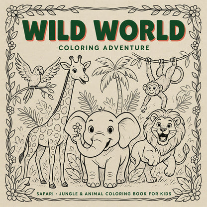 Wild World Coloring Adventure - Safari, Jungle & Animal Coloring Book for Kids (PDF Digital Download)